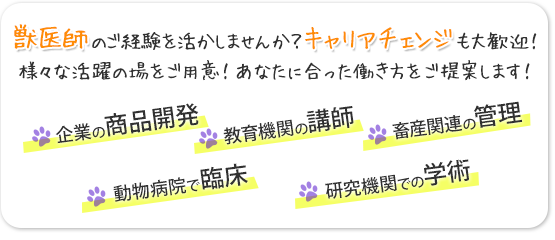 獣医師に特化した求人多数！企業の商品開発・教育機関の講師・畜産関連の管理・研究機関での学術・動物病院で臨床、等！